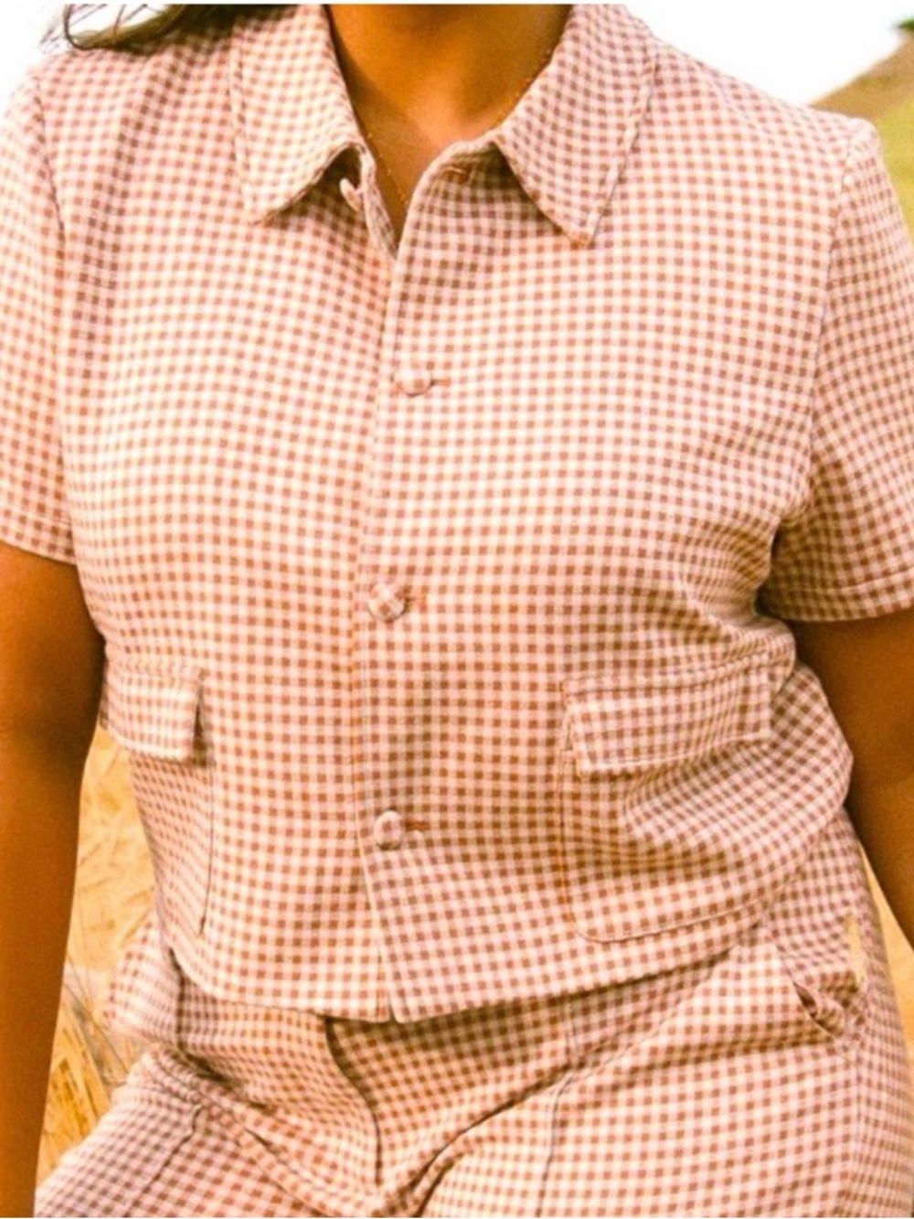 Ivy City Co Pink Gingham Short-Sleeve Button Front Top